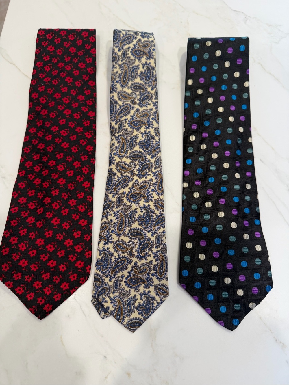 Men's Patterned Neck Tie Trio - Red Floral, Beige Paisley, Black Polka Dot